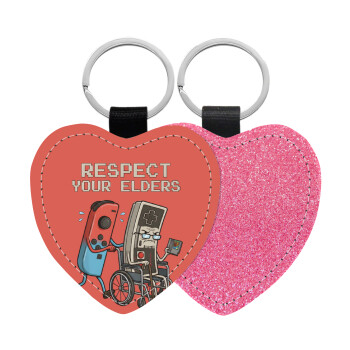 Respect your Elders, Μπρελόκ PU δερμάτινο glitter καρδιά ΡΟΖ