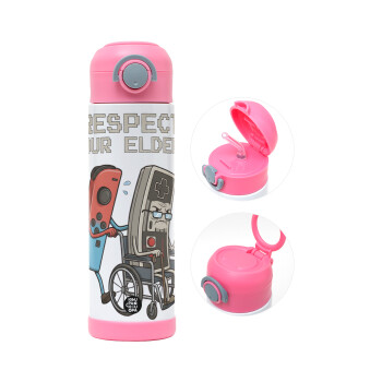 Respect your Elders, Children's hot water bottle, stainless steel, with safety straw, PINK (500ml)