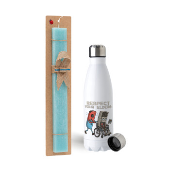 Respect your Elders, Easter Set, metallic stainless steel water bottle (750ml) & aromatic flat Easter candle (30cm) (TURQUOISE)
