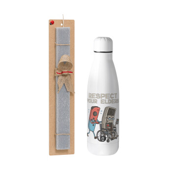 Respect your Elders, Easter Set, metallic stainless thermos bottle (500ml) & scented flat Easter candle (30cm) (GRAY)
