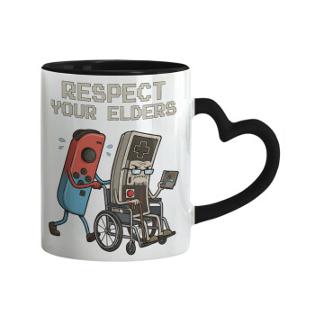 Respect your Elders, Mug heart black handle, ceramic, 330ml