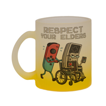 Respect your Elders, Κούπα γυάλινη δίχρωμη με βάση το κίτρινο ματ, 330ml