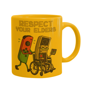 Respect your Elders, Ceramic coffee mug yellow, 330ml