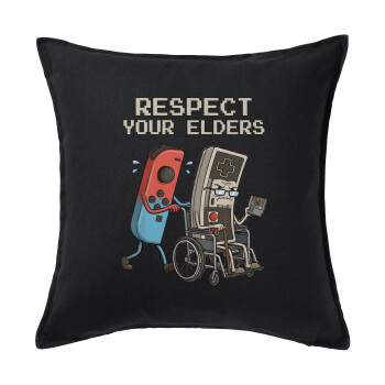Respect your Elders, Μαξιλάρι καναπέ Μαύρο 100% βαμβάκι, περιέχεται το γέμισμα (50x50cm)