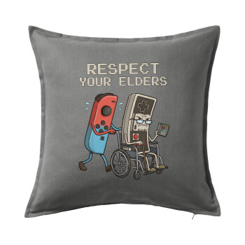 Respect your Elders, Μαξιλάρι καναπέ Γκρι 100% βαμβάκι, περιέχεται το γέμισμα (50x50cm)
