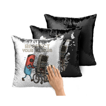 Respect your Elders, Μαξιλάρι καναπέ Μαγικό Μαύρο με πούλιες 40x40cm περιέχεται το γέμισμα