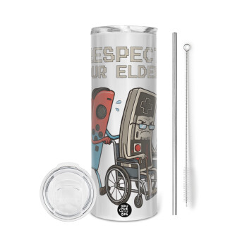 Respect your Elders, Tumbler ποτήρι θερμό από ανοξείδωτο ατσάλι 600ml, με μεταλλικό καλαμάκι & βούρτσα καθαρισμού