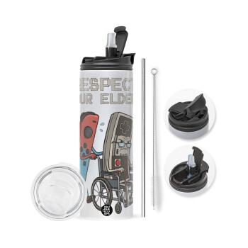 Respect your Elders, Travel Tumbler θερμό με διπλό καπάκι, μεταλλικό καλαμάκι και βούρτσα καθαρισμού (Ανωξείδωτο 304 Food grade, BPA free, 600ml)