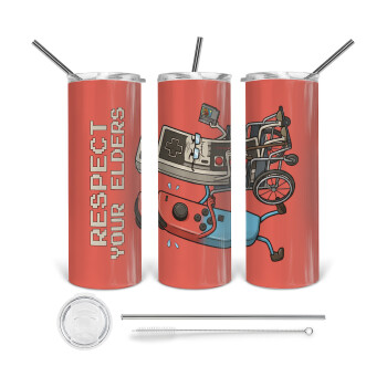 Respect your Elders, Tumbler ποτήρι θερμό από ανοξείδωτο ατσάλι 600ml, με μεταλλικό καλαμάκι & βούρτσα καθαρισμού