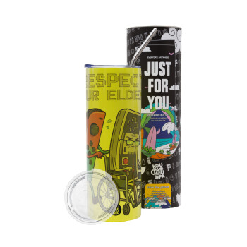 Respect your Elders, Neon Yellow Travel Tumbler θερμό, μεταλλικό καλαμάκι(Ανωξείδωτο 304 Food grade, BPA free, 600ml)