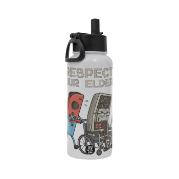 Respect your Elders, Metal mug thermo White with Straw and Spout Lid (Stainless steel), double wall, 950ml