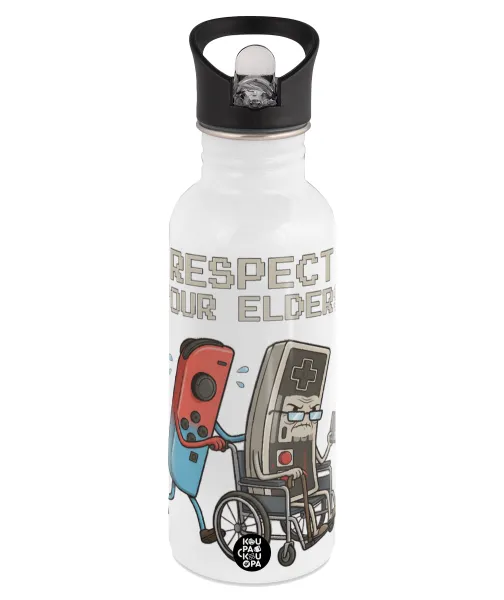 Respect your Elders — White water bottle with straw, stainless steel 600ml