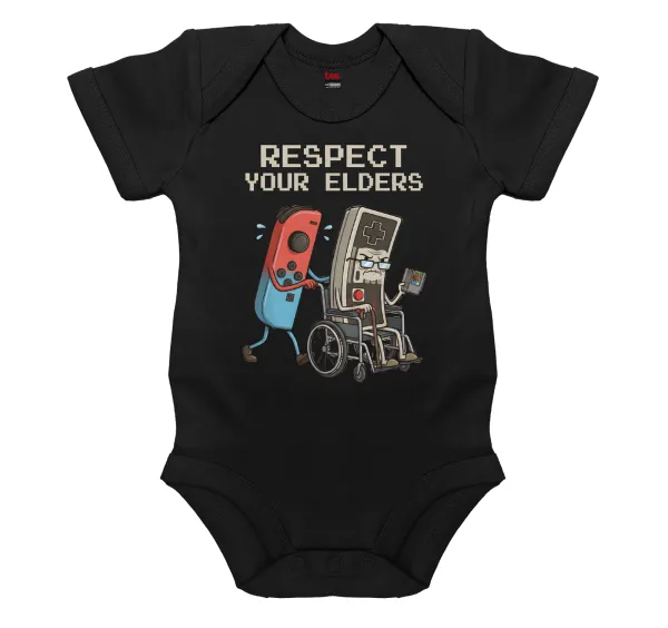 Respect your Elders — Βρεφικό φορμάκι μωρού, 0-18 μηνών, ΜΑΥΡΟ, 100% Organic Cotton, κοντομάνικο