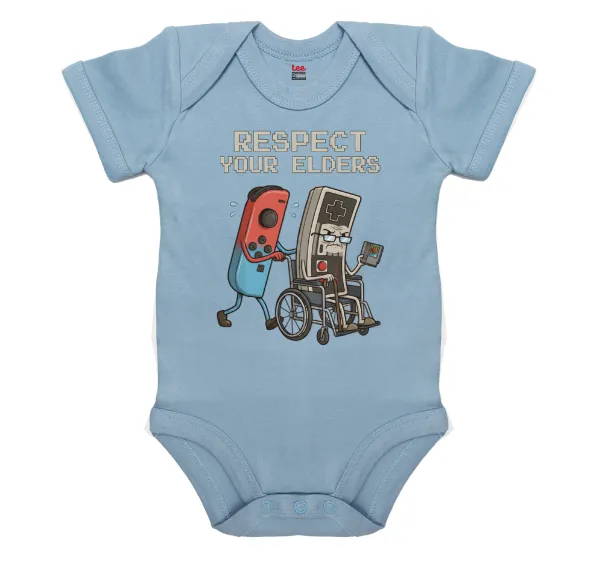 Respect your Elders — Short-sleeve baby bodysuit, 0-18 months, blue, 100% organic cotton