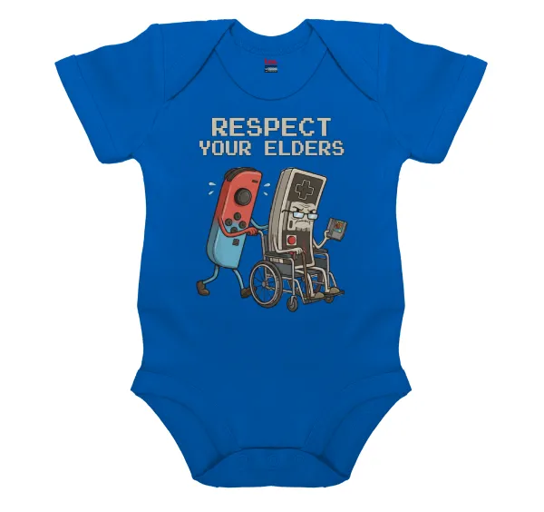 Respect your Elders — Short-sleeve baby bodysuit, cobalt blue, 100% organic cotton