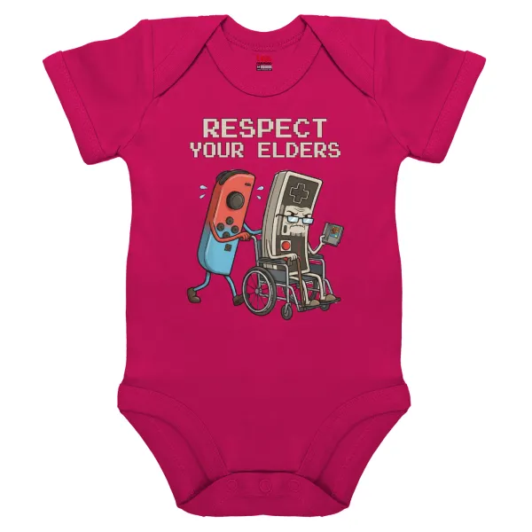 Respect your Elders — Short-sleeve baby bodysuit, 0-18 months, PINK, 100% organic cotton