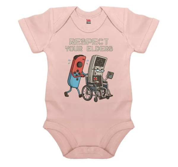 Respect your Elders — Short-sleeve baby bodysuit, 0-18 months, POWDER PINK, 100% organic cotton