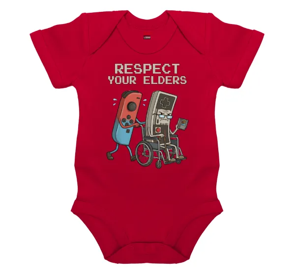 Respect your Elders — Short-sleeve baby bodysuit, RED, 100% organic cotton