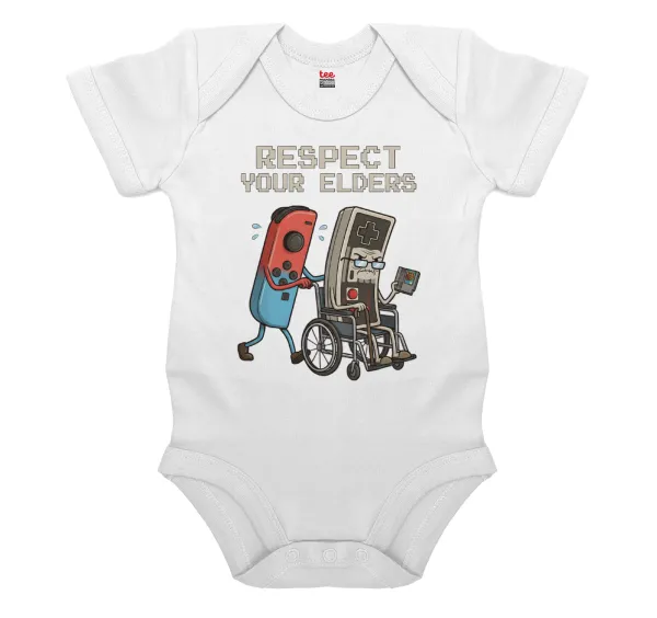 Respect your Elders — Short-sleeve baby bodysuit, 0-24 months, WHITE, 100% organic cotton