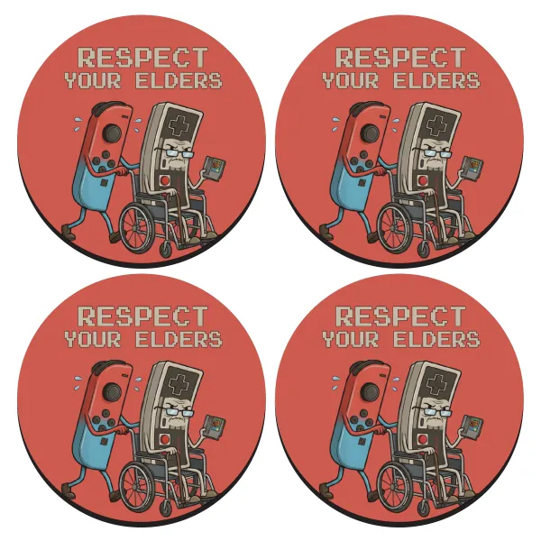 Respect your Elders — SET of 4 round wooden coasters (9cm)