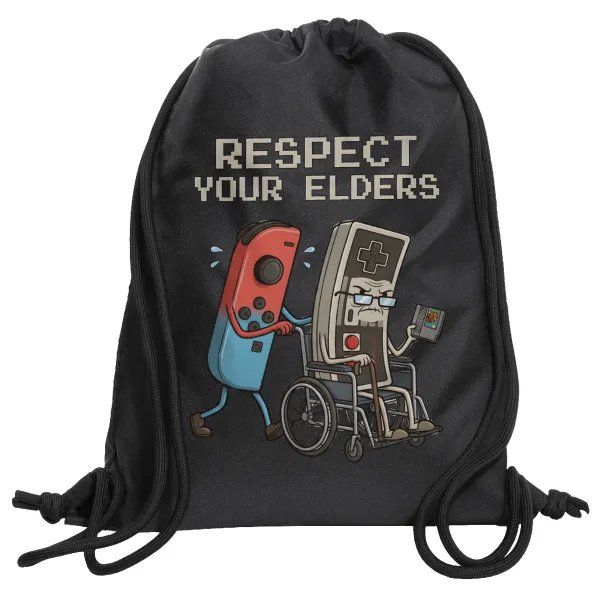 Respect your Elders — Τσάντα πλάτης πουγκί GYMBAG Μαύρη, με τσέπη (40x48cm) & χονδρά κορδόνια