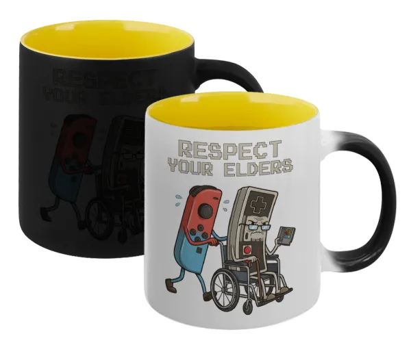 Respect your Elders — Κούπα Μαγική εσωτερικό κίτρινη, κεραμική 330ml που αλλάζει χρώμα με το ζεστό ρόφημα
