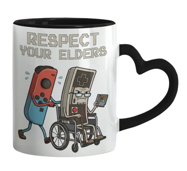Respect your Elders — Mug heart black handle, ceramic, 330ml