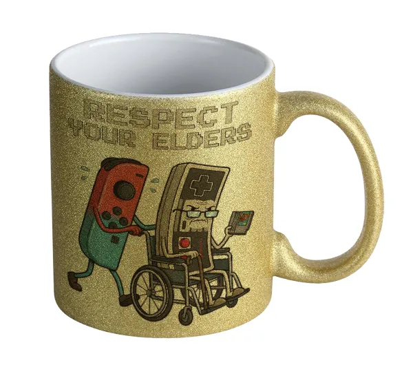 Respect your Elders — Gold glitter mug that sparkles, ceramic, 330ml
