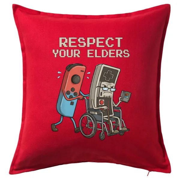 Respect your Elders — Μαξιλάρι καναπέ Κόκκινο 100% βαμβάκι, περιέχεται το γέμισμα (50x50cm)