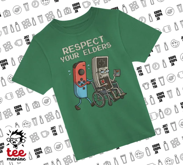 Respect your Elders — GREEN childrens T-Shirt made of 100% cotton, for every day. Vegan & OEKO-TEX certified.