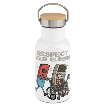 Respect your Elders, Μεταλλικό παγούρι θερμός (Stainless steel) Λευκό με ξύλινο καπακι (bamboo), διπλού τοιχώματος, 350ml