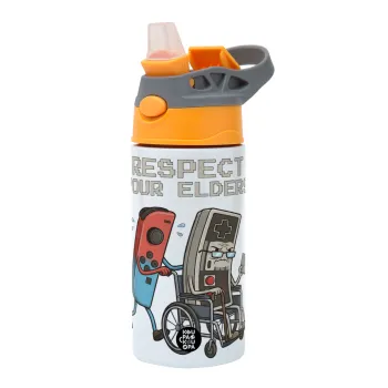 Respect your Elders, Παιδικό παγούρι θερμό, ανοξείδωτο, με καλαμάκι ασφαλείας, Πορτοκαλί/Γκρι (360ml) BPA-FREE