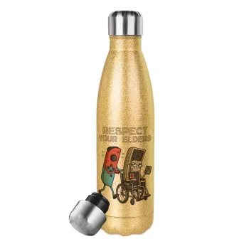 Respect your Elders, Μεταλλικό παγούρι θερμός Glitter χρυσό (Stainless steel), διπλού τοιχώματος, 500ml
