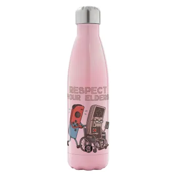 Respect your Elders, Metal mug thermos Pink Iridiscent (Stainless steel), double wall, 500ml