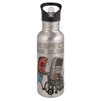 Respect your Elders, Παγούρι νερού Ασημένιο με καλαμάκι, ανοξείδωτο ατσάλι 600ml