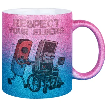 Respect your Elders, Κούπα Χρυσή/Μπλε Glitter, κεραμική, 330ml