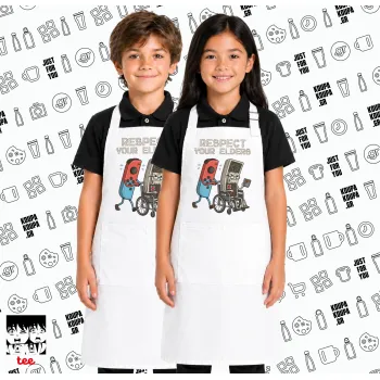 Respect your Elders, Λευκή ΠΑΙΔΙΚΗ Ποδιά μακριά Σεφ ολόσωμη με τσέπες