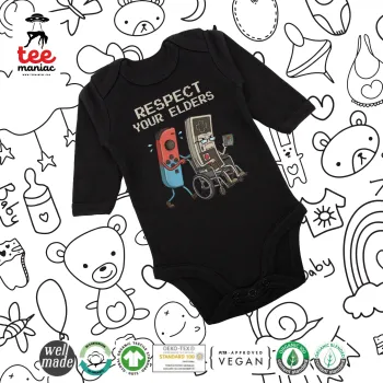 Respect your Elders, Μακρυμάνικο βρεφικό φορμάκι, 0-18 μηνών, ΜΑΥΡΟ, 100% Organic Cotton