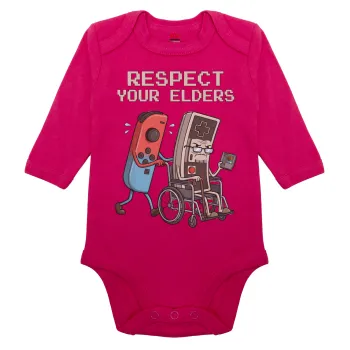 Respect your Elders, Μακρυμάνικο βρεφικό φορμάκι, 0-18 μηνών, ΡΟΖ, 100% Organic Cotton