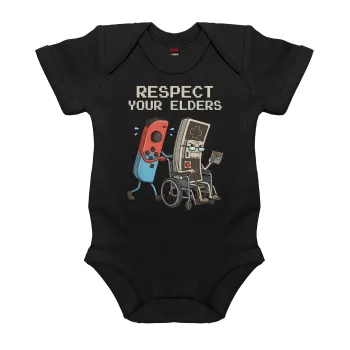 Respect your Elders, Βρεφικό φορμάκι μωρού, 0-18 μηνών, ΜΑΥΡΟ, 100% Organic Cotton, κοντομάνικο