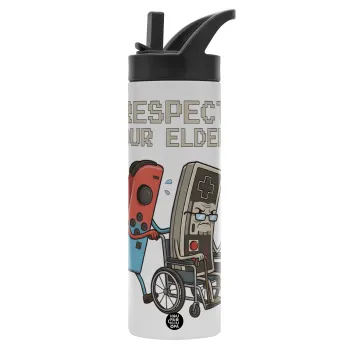 Respect your Elders, Μεταλλικό παγούρι θερμός με καλαμάκι & χειρολαβή, ανοξείδωτο ατσάλι (Stainless steel 304), διπλού τοιχώματος, 600ml