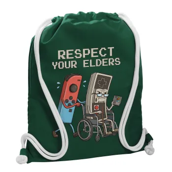 Respect your Elders, Τσάντα πλάτης πουγκί GYMBAG BOTTLE GREEN, με τσέπη (40x48cm) & χονδρά λευκά κορδόνια
