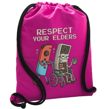 Respect your Elders, Τσάντα πλάτης πουγκί GYMBAG Φούξια, με τσέπη (40x48cm) & χονδρά κορδόνια
