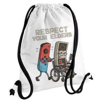 Respect your Elders, Backpack pouch GYMBAG white, with pocket (40x48cm) & thick cords