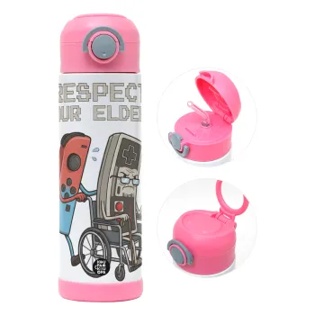 Respect your Elders, Παιδικό παγούρι θερμό, ανοξείδωτο, με καλαμάκι ασφαλείας, ΡΟΖ (500ml)