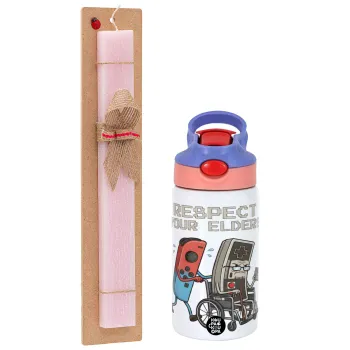 Respect your Elders, Πασχαλινή Λαμπάδα με Παιδικό παγούρι θερμό, ανοξείδωτο, με καλαμάκι ασφαλείας, ροζ/μωβ (350ml) & κερί αρωματικό πλακέ (30cm) (ΡΟΖ)