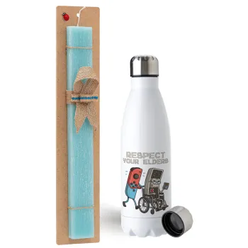 Respect your Elders, Easter Set, metallic stainless steel water bottle (750ml) & aromatic flat Easter candle (30cm) (TURQUOISE)