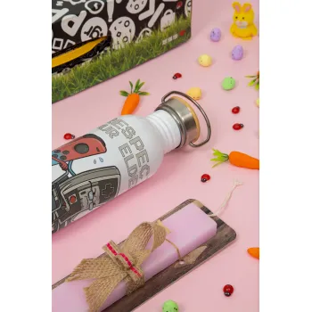 Respect your Elders, Πασχαλινή Λαμπάδα με παγούρι μεταλλικό (620ml, stainless steel) & κερί αρωματικό πλακέ (30cm) (ΡΟΖ)