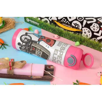 Respect your Elders, Easter candle, Childrens hot water bottle, stainless steel, with safety straw, PINK (500ml)