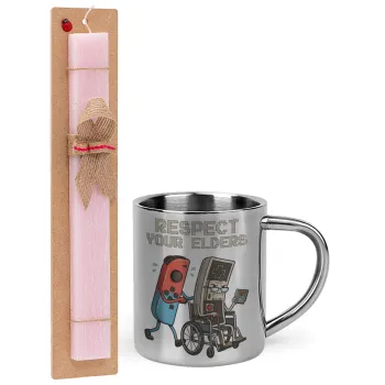 Respect your Elders, Easter Set, metallic thermal cup (300ml) & aromatic flat Easter candle (30cm) (PINK)
